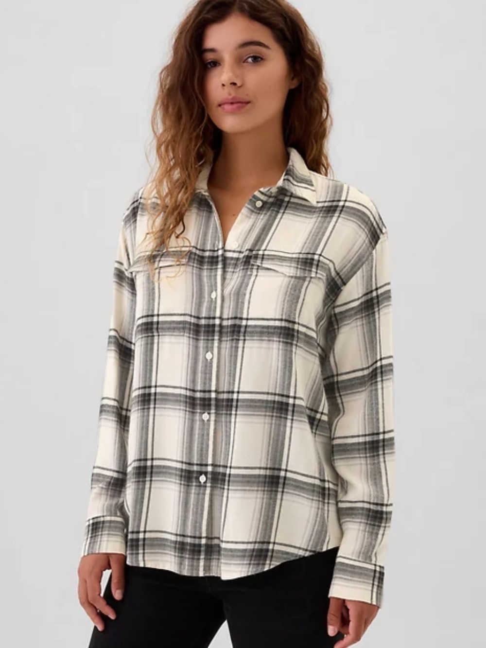 GAP Cream and Black Plaid Relaxed Fit Oversized Button-Down Shirt